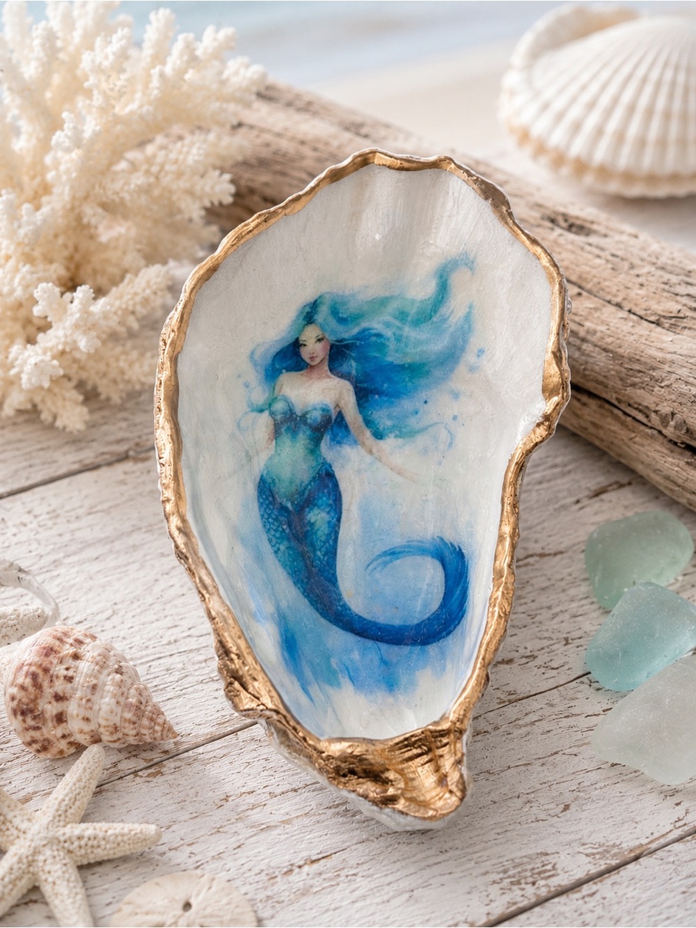 Hand-Painted Blue Mermaid Shell Wall Art - Nautical Home Accent